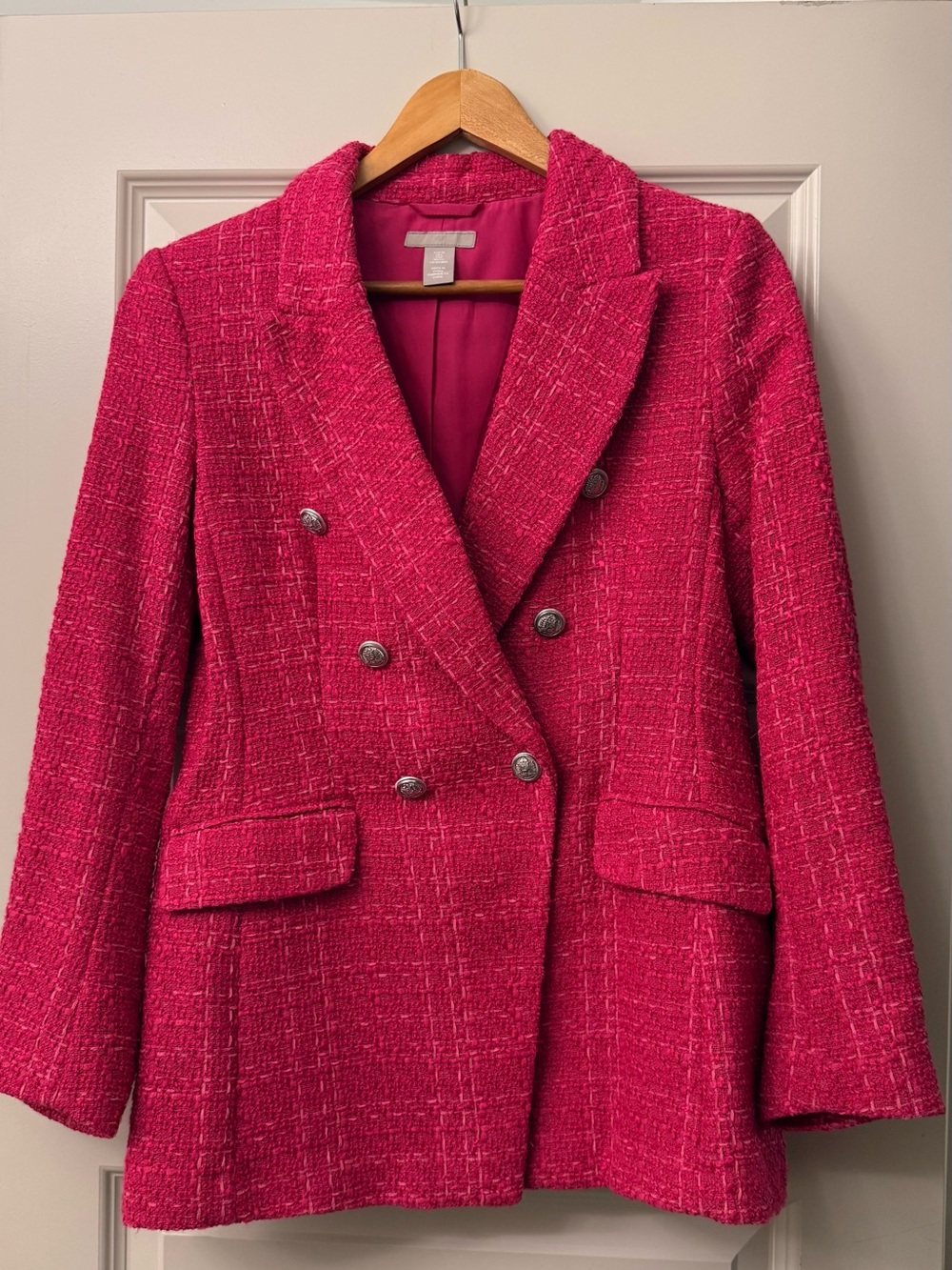 H&M Double-Breasted Bouclé Blazer in Bright Pink